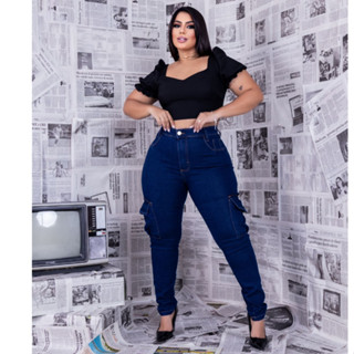 Calça Jeans Cargo Plus Size Skinny Azul Tendência 2023 Blogueirinha