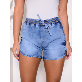 Shorts Jeans Feminino Bolsos Elástico Cintura Alta Verão Lycra