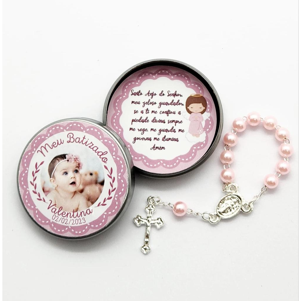 Lembrancinha batizado - 10 unidades - Latinha com terço - Personalizada em Oferta na Shopee