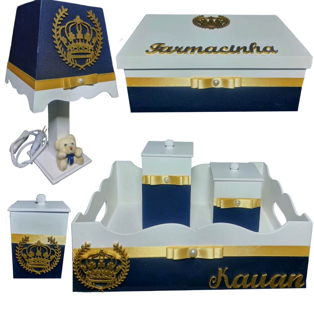 Kit de higiene bebe mdf farmacinha menino - azul marinho coroa