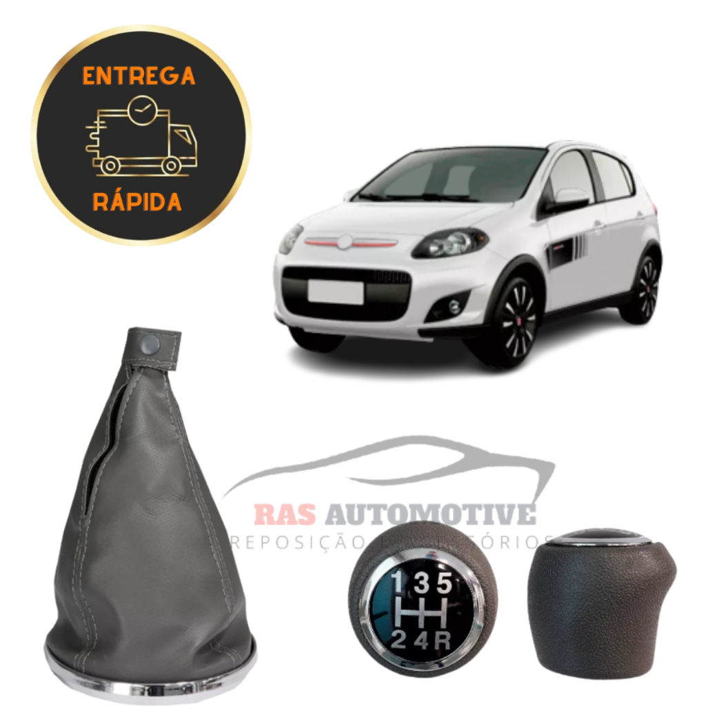 Kit Manopla Bola Cambio + Coifa Cinza com Base Cromada Novo Palio 2012 2013 2014 2015 2016 2017