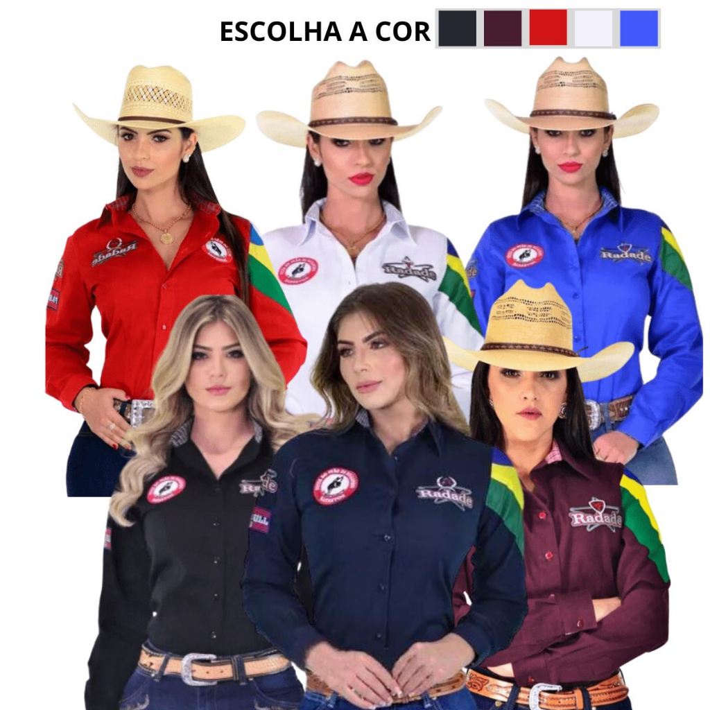 Camisa Radade Original Feminina Country Rodeio Peão de Boiadeiros Barretos Hospital do Câncer Bordada Bandeira do Brasil