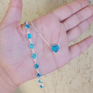 Conjunto pulseira e colar coração zircônia azul claro banhado na prata 925