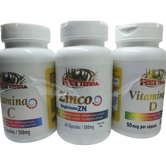 Kit Vitaminas Vitamina C, Vitamina D e Zinco 500mg - Rei Terra 60 cps cada