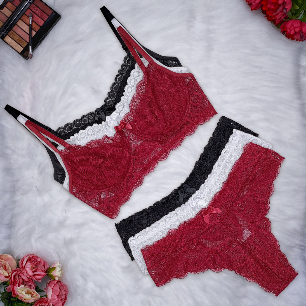 Conjunto Lingerie Renda Sutiã Com Aro Sem Bojo Com Forro Calcinha Com Elástico Mirela em Oferta na Shopee