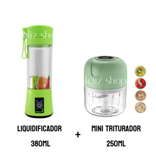 Kit Mini Liquidificador Portátil 380ml + Mini Processador 3 lâminas 250ml