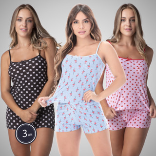 Kit 3 Camisete Estampado Sem Bojo Levinho Sexy Pijama Conjunto De Dormir 306