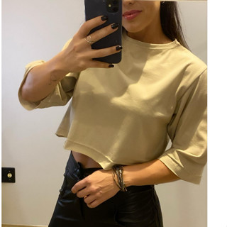 Croped Com Mangas Feminino 100% Algodão Liso