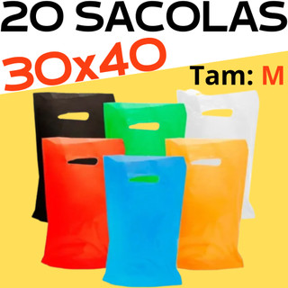 Sacolas Plástica Alça Vazada Boca de Palhaço 30x40 Cores Variadas Tamanho M 20UN
