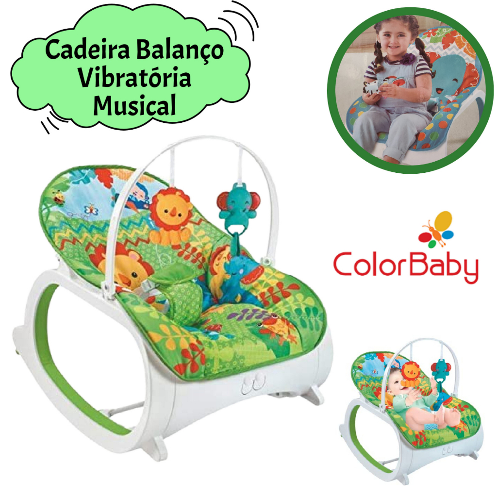 Cadeirinha De Descanso 2 Em 1 Bebê Cadeira Balanço Vibra Toca 20kg Color Baby Safari VERDE Música Musical