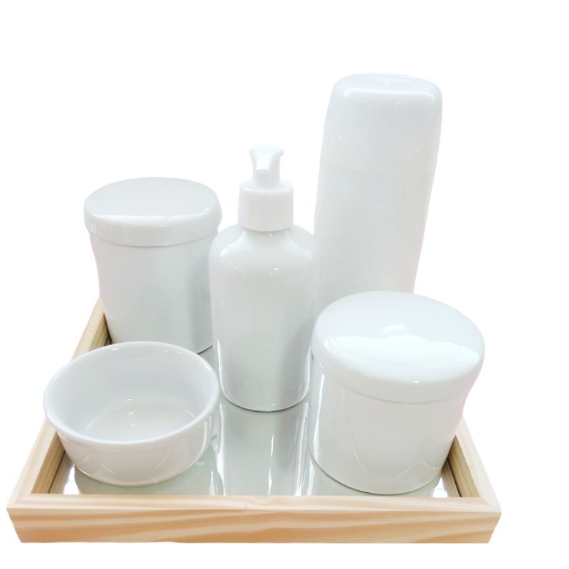 kit Higiene Bebê Porcelana Menino Menina Potes Saboneteira Molhadeira Garrafa Termica e Bandeja Espelhada