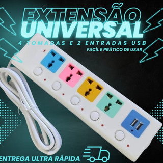 Extensão Elétrica Tomada 4 Entradas 2 Chave Universal USB Branco/Azul
