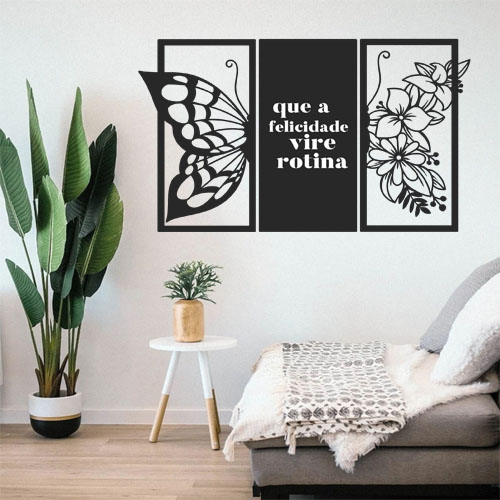 Painel 3 Quadros Borboleta Frase Que a felicidade vire rotina Decorativo em Oferta na Shopee