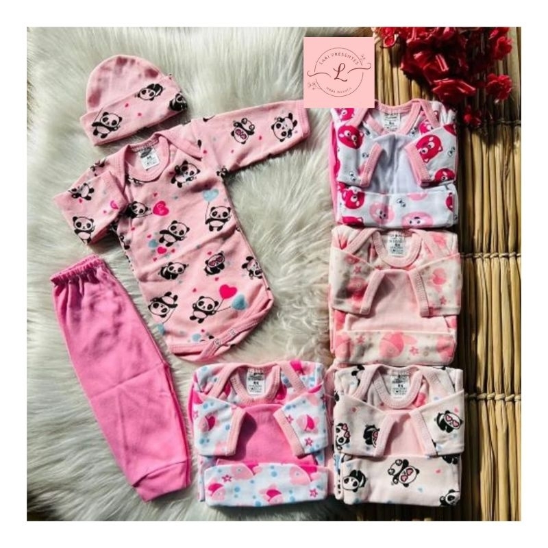 Conjunto bebê menina 4 peças de roupa bebê RN ou P - 1 body 1 calça 1 touca 1 luvinha 100% algodão conjunto bebê