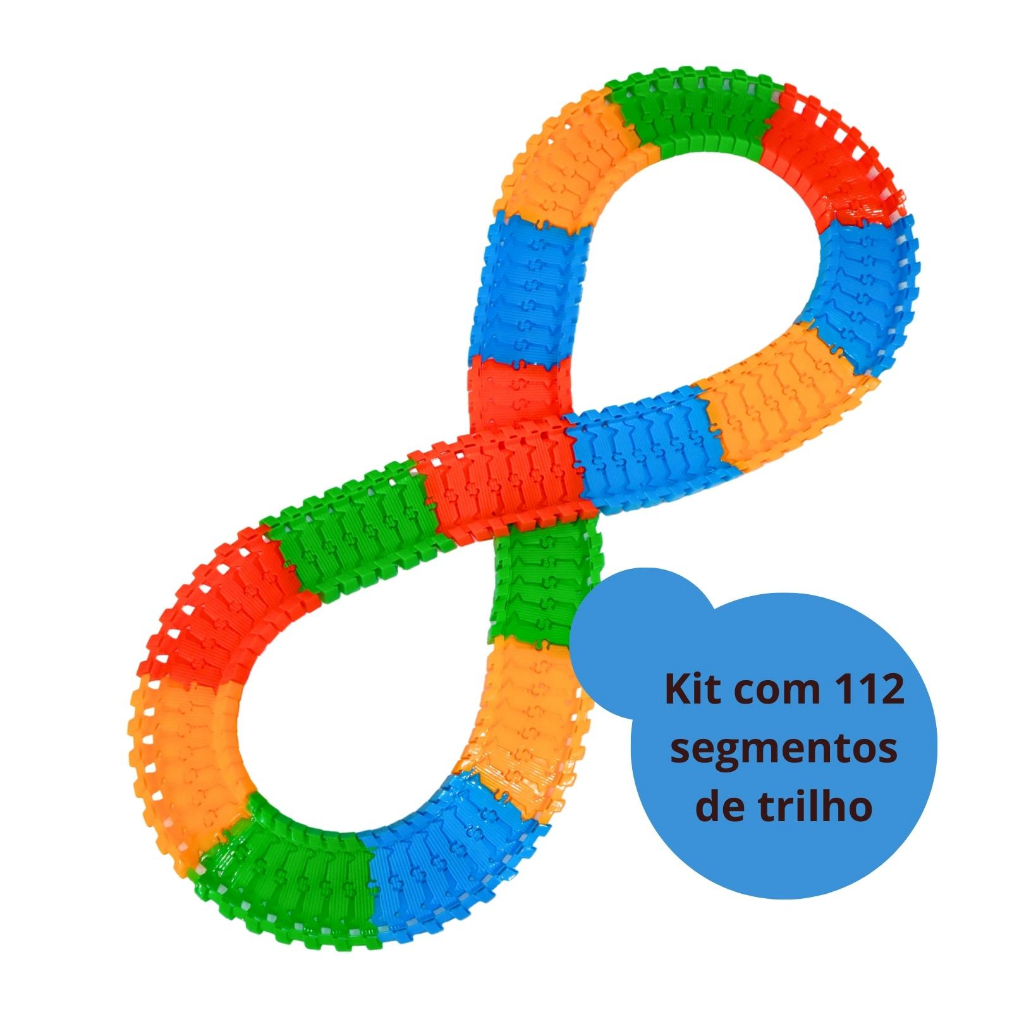 Conjunto kit 112 peças trilha maluca brinquedo segmentos colorido corrida infantil trilhos COM CARRINHO