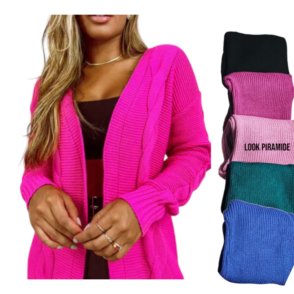 Cardigan Tricô Estampa Trançinha, longo, lã, tricot, feminino, básica, casual,  Look Piramide