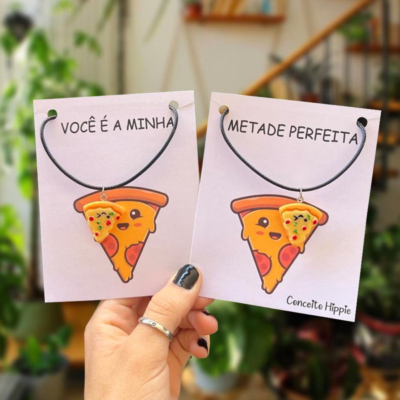 Kit Dois Colares Pizza Melhores Amigas BFF Casal Namoro Metadinha Amor Presente Fofo Divertido