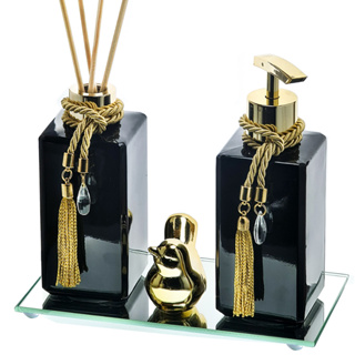 Kit Decoração Banheiro Pia Bancada Saboneteira Difusor Preto Dourado em Oferta na Shopee