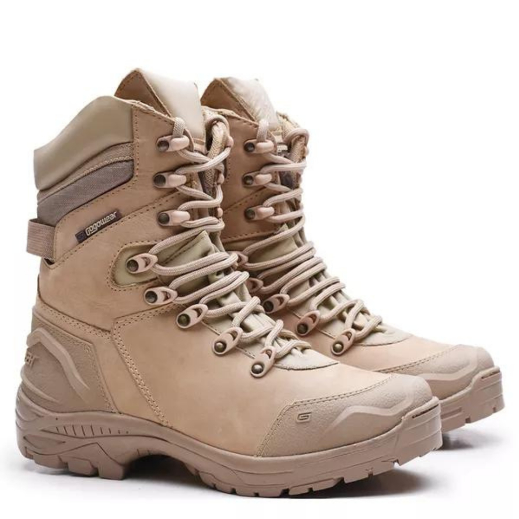 Bota Tática Militar Bege PRF Gogowear Cano Alto Trilha Aventura Coturno Militar 100% Couro Aventura Prova D'agua