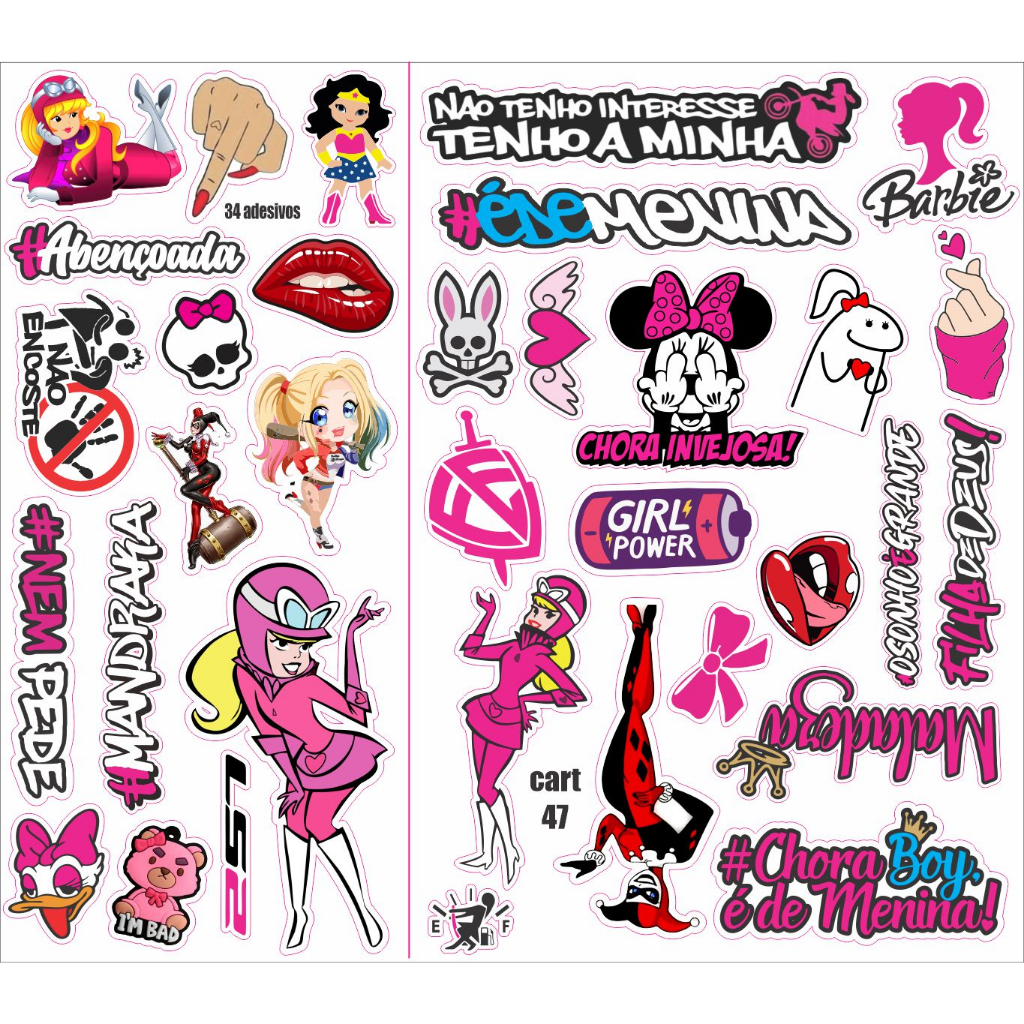 Adesivo Para Moto Bike Carro - feminino, menina alerquina, penelope Kit Adesivos Feminino Super Cartela (20) em Oferta na Shopee