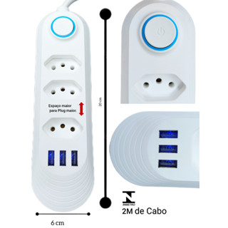 Extensão de Tomada 2 em 1: com 3 ou 4 entradas de tomada 3 pinos + HUB com 3 entradas USB 2.0A Extensão Elétrica Selo Inmetro