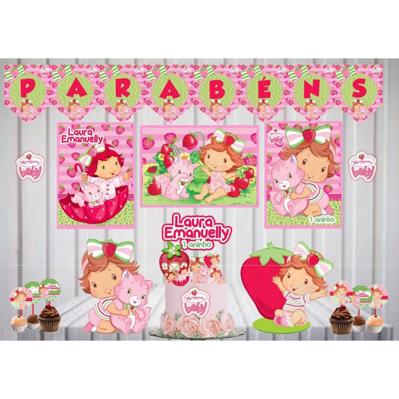 Kit Festa Moranguinho Baby Personalizado Só um Bolinho | Mesversário Aniversário | 40 itens | Decoração