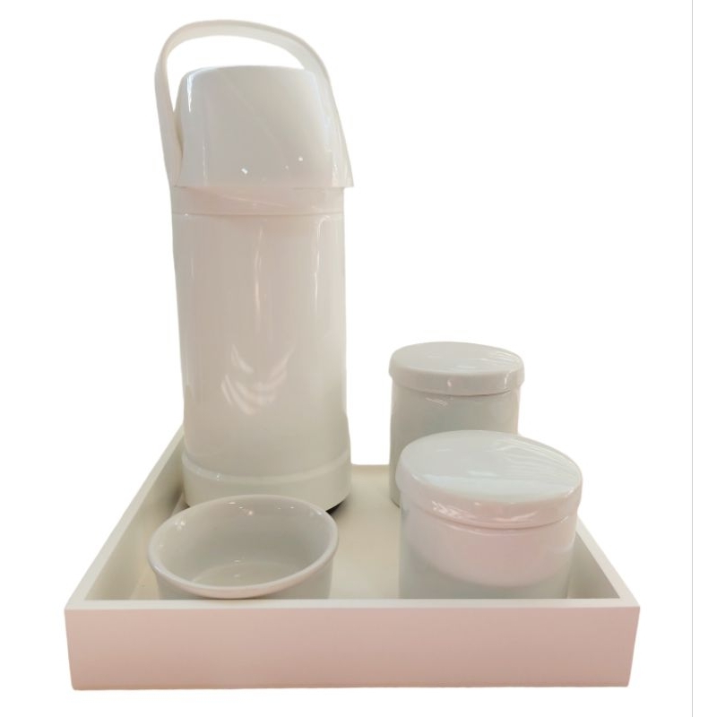 kit Higiene Para Bebê Porcelana Potes Molhadeira Garrafa Termica Pump Bandeja Branca