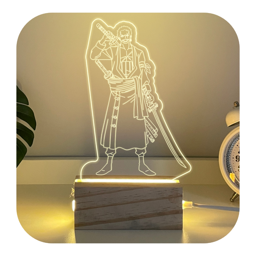 Luminária De Mesa Zoro One Piece Em Madeira 3d Acrílico Led Abajur