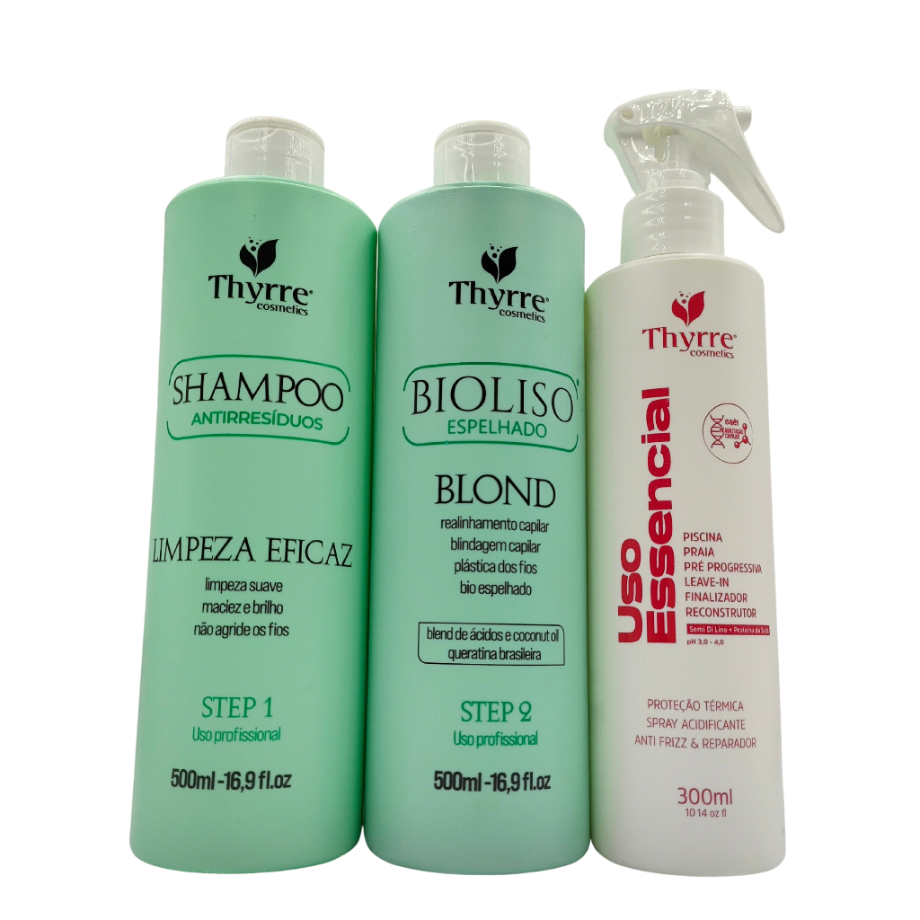 Kit BioLiso 500ml + Uso Essencial 300ml Thyrre Escova Progressiva Selagem 0% Formol Semi-Definitiva