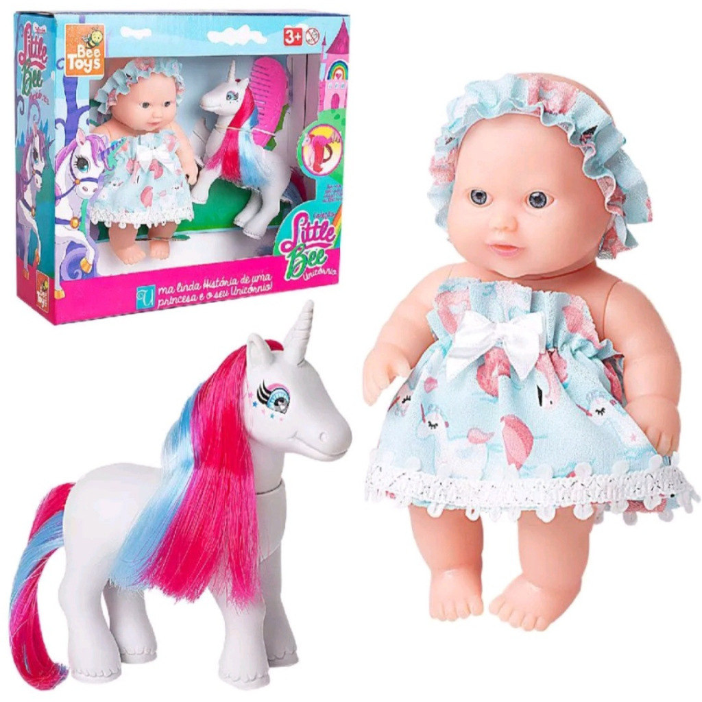 Brinquedo Boneca Pequena Little Bee e Unicórnio Colorido 14cm - Bee Toys em Oferta na Shopee