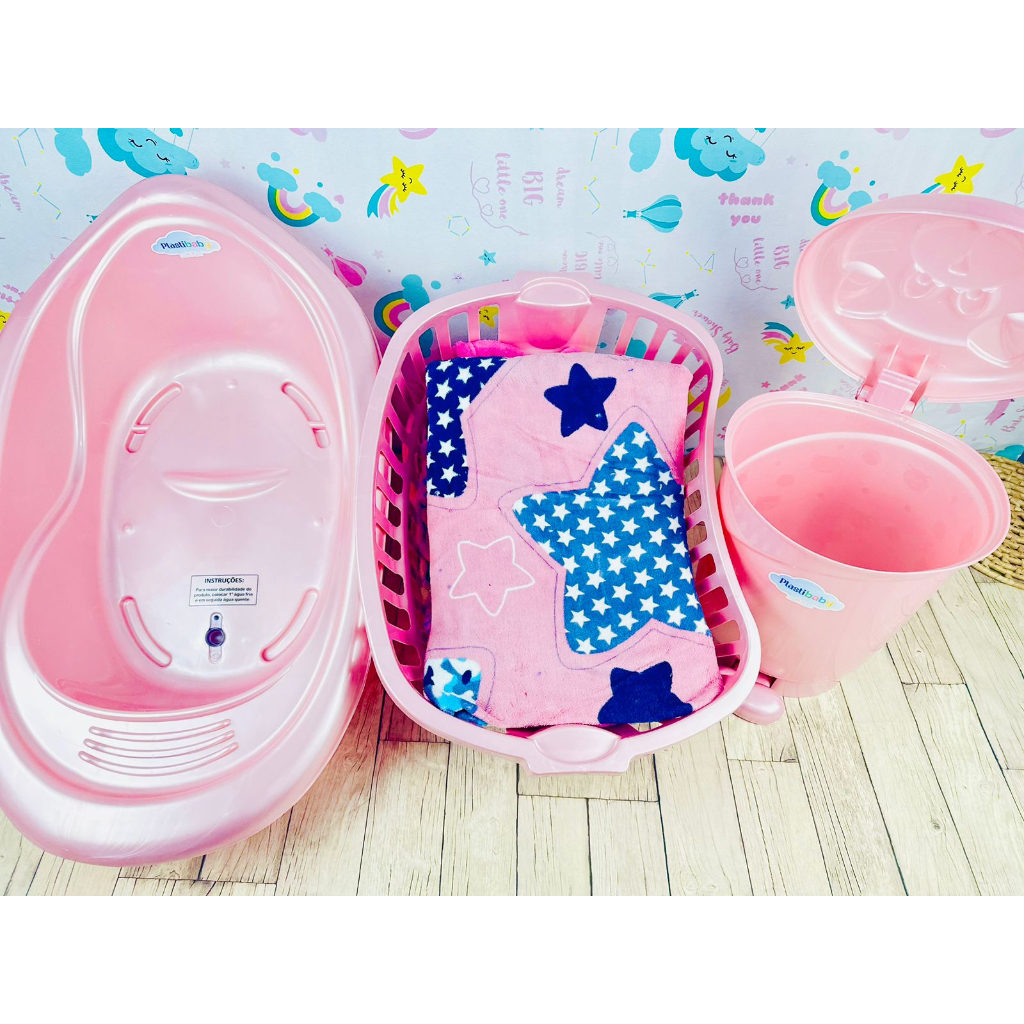 Kit Banheira + Cesto de Roupa Telado + Lixeira c/ Pedal Infantil
