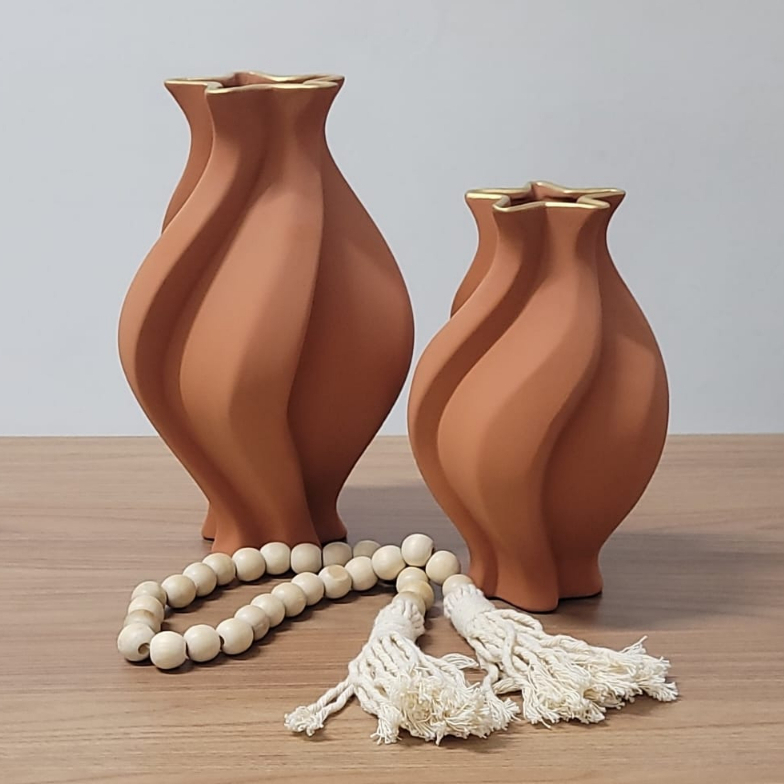 Kit 2 Peças Vaso Grande Decorativo Formato Espiral para Sala Conjunto Objeto Decorativo Cerâmica Decoração Enfeite Rack vasos centro de mesa e Dupla de vasos