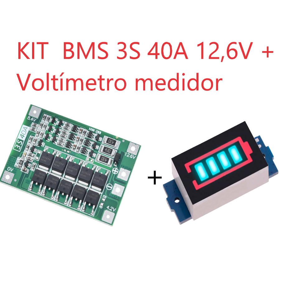 KIT  BMS 3S 40A 12,6V + Voltímetro medidor Indicador De Capacidade De Bateria De Lítio 12,6 3S em Oferta na Shopee