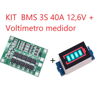 KIT  BMS 3S 40A 12,6V + Voltímetro medidor Indicador De Capacidade De Bateria De Lítio 12,6 3S
