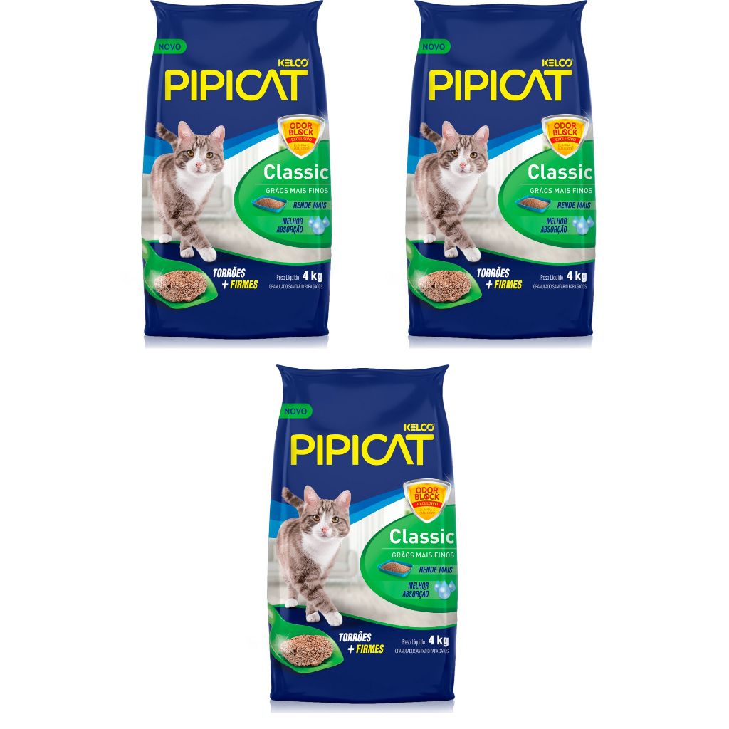 kit 3 Areia Higiênica Pipicat Classic Grãos Mais Finos 4kg