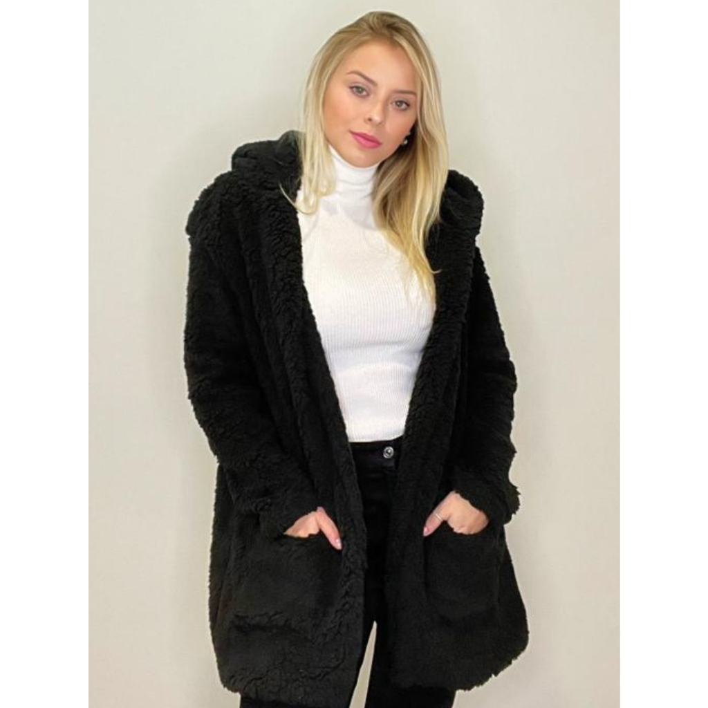 Casaco Teddy Feminino Preto Branco Off Blusa de frio Feminina Pelúcia Jaqueta Ted Inverno Casaco de Pele Sintética