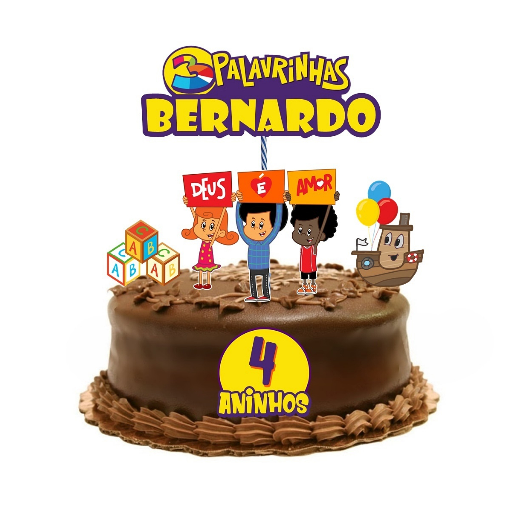 Topo de Bolo 3 Palavrinhas Topper Personalizado Deus é Amor Turminha Abençoada Tema Gospel Decoração Infantil