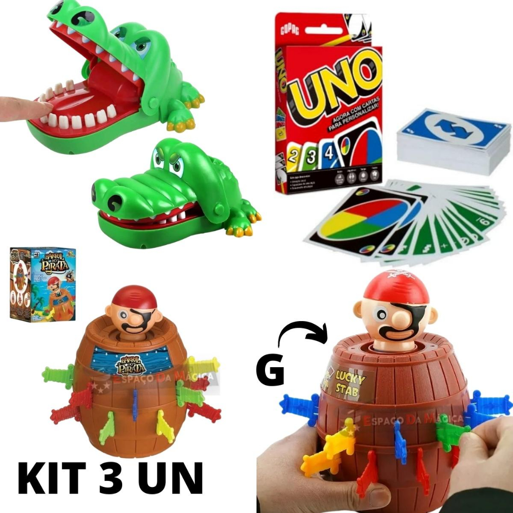 Kit Jogo Pula Pirata Barril + Jogo Crocodilo Morde Dedo + Jogo Uno Brinquedos Crianças Divertido Menino Menina