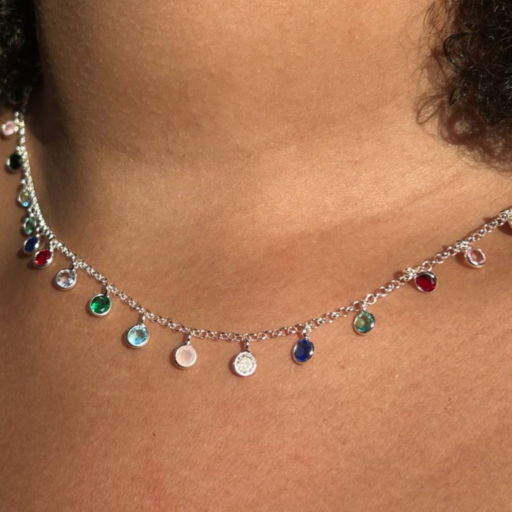 Gargantilha Colar Choker no elo português Com Zircônias coloridas Prata 925