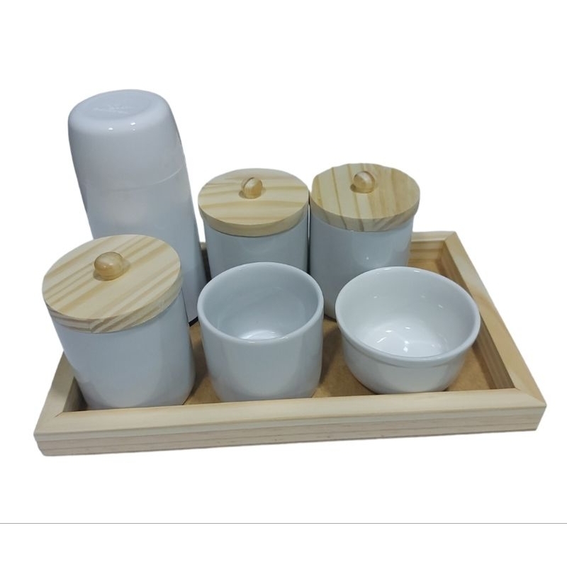 kit Higiene Bebê Porcelana Potes Garrafinha Térmica Menina Menino Maternidade bandeja Madeira porta algodão cotonete