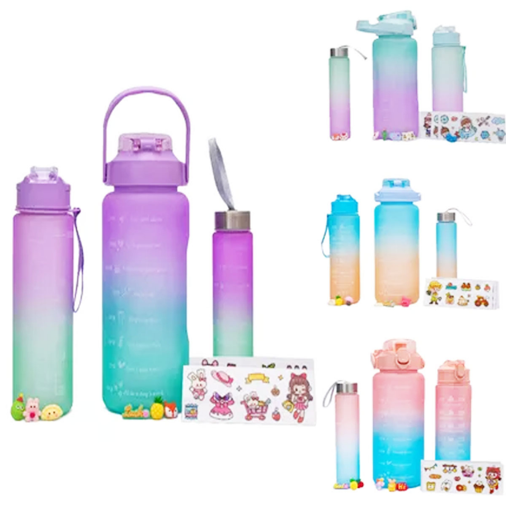 Kit 3 Garrafas De Agua Squeeze Motivacional Com Adesivos 2L 1L 500ML Garrafa De Agua
