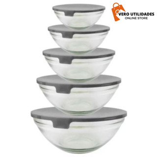 Conjunto Tigela Vidro Bowl Marmita Tampa 5 Peças