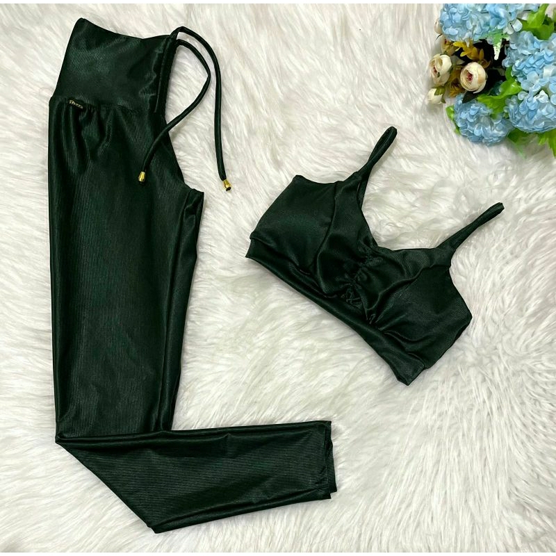 Conjunto Academia calça legging e top ou cropped, alça , trilobal Suécia Floresta Viveza Fitness
