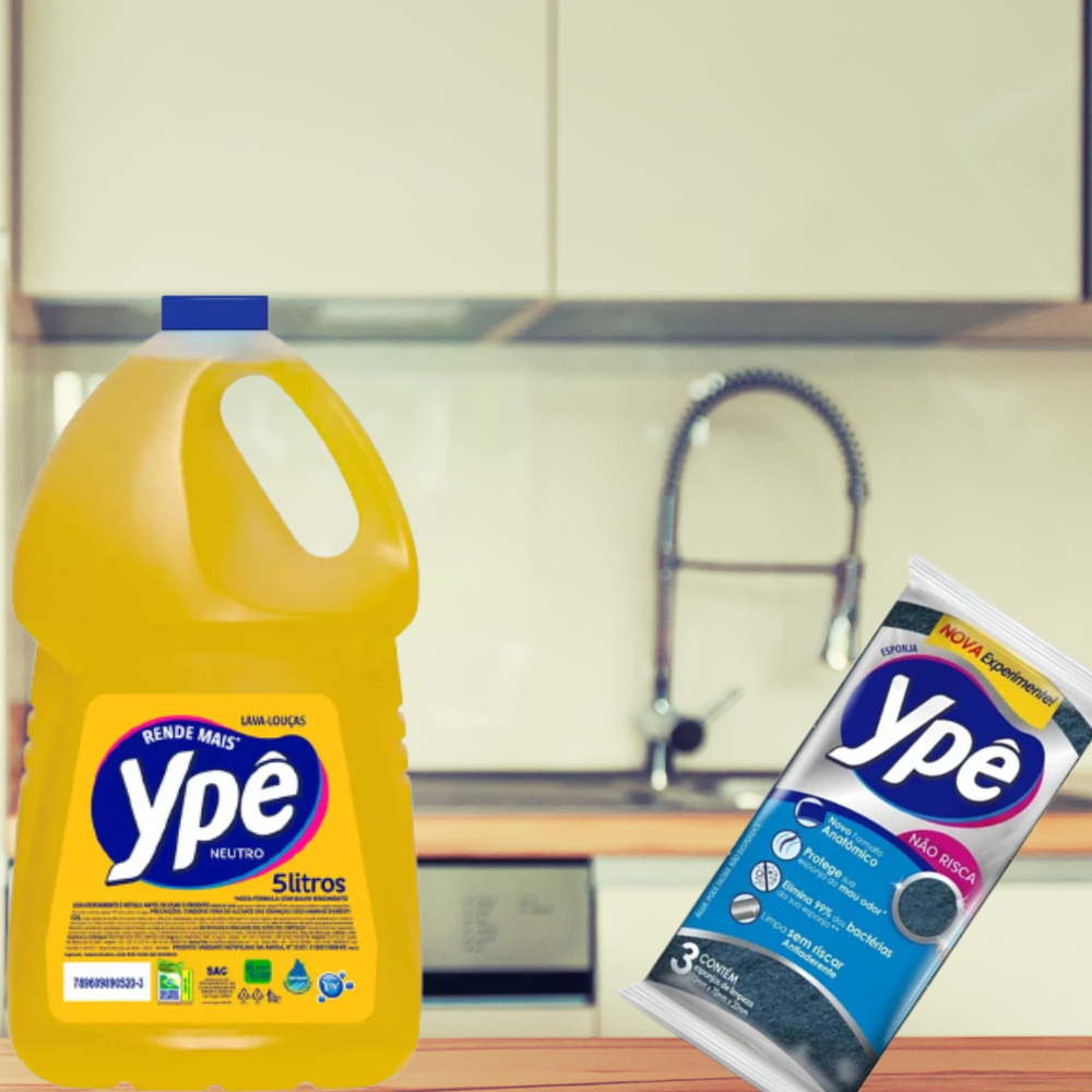 Detergente Neutro Lava Louça Ype 5 Litros  Mais Kit 3 Esponja Anti Risco Ype Copos Louças Panelas Taças