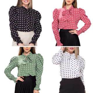 Camisa Blusa Feminina Manga Longa Bufante Com Gola Laço Poa
