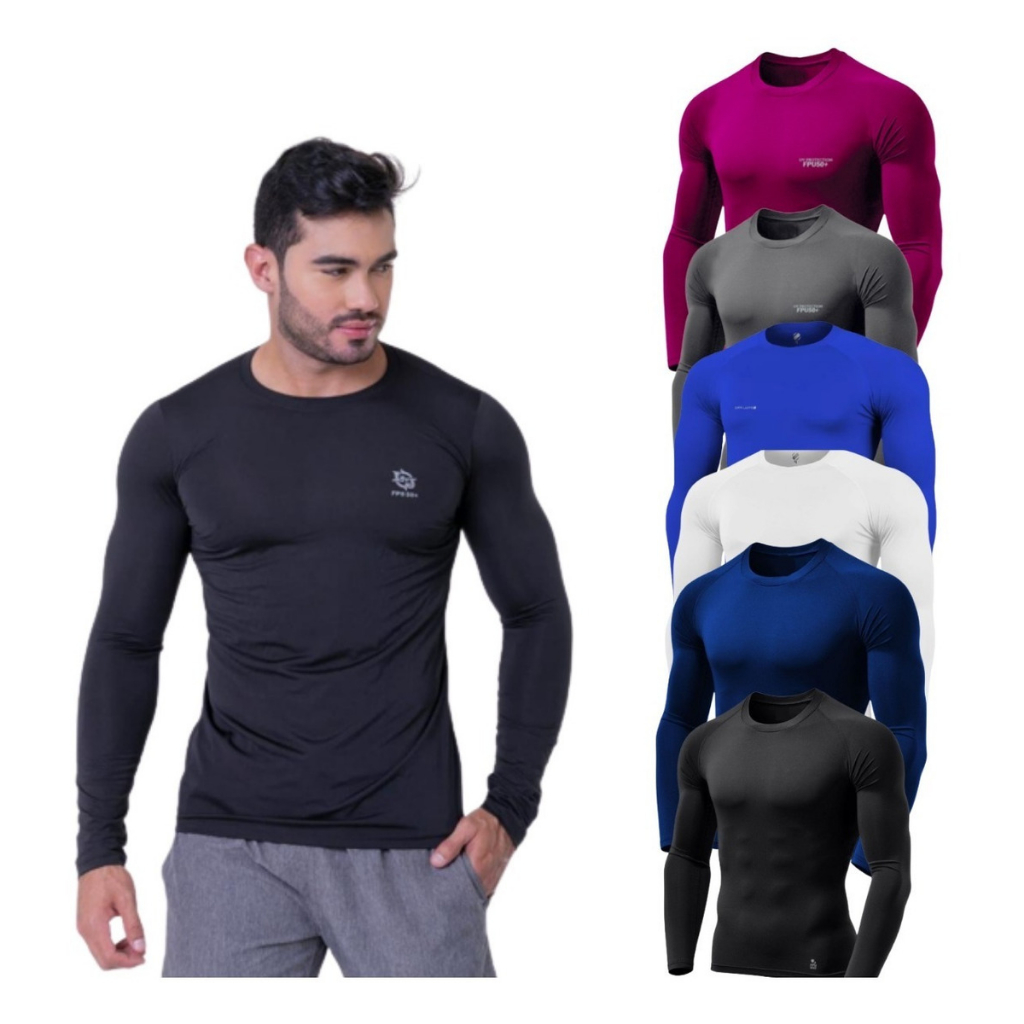 Kit 02 Camisas Térmica Proteção Uv 50+ Segunda Pele Camiseta Blusa Malha Fria Unissex Academia Manga Longa