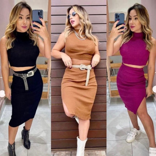 Conjunto feminino canelado Virgínia saia + cropped tricot moda básica tendência tricô