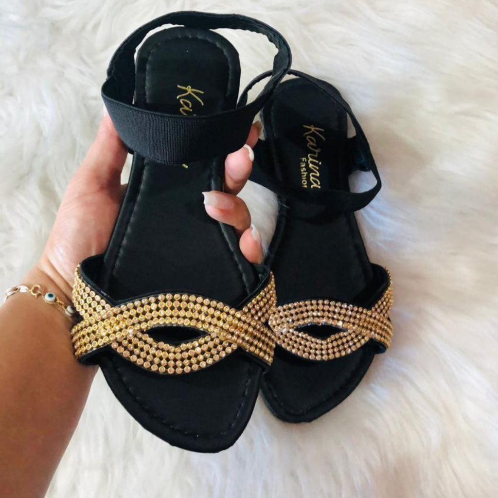 Sandália Feminina Rasteirinha Rasteira Feminina Confortável Brilho Elástico Calcanhar Dia a Dia em Oferta na Shopee