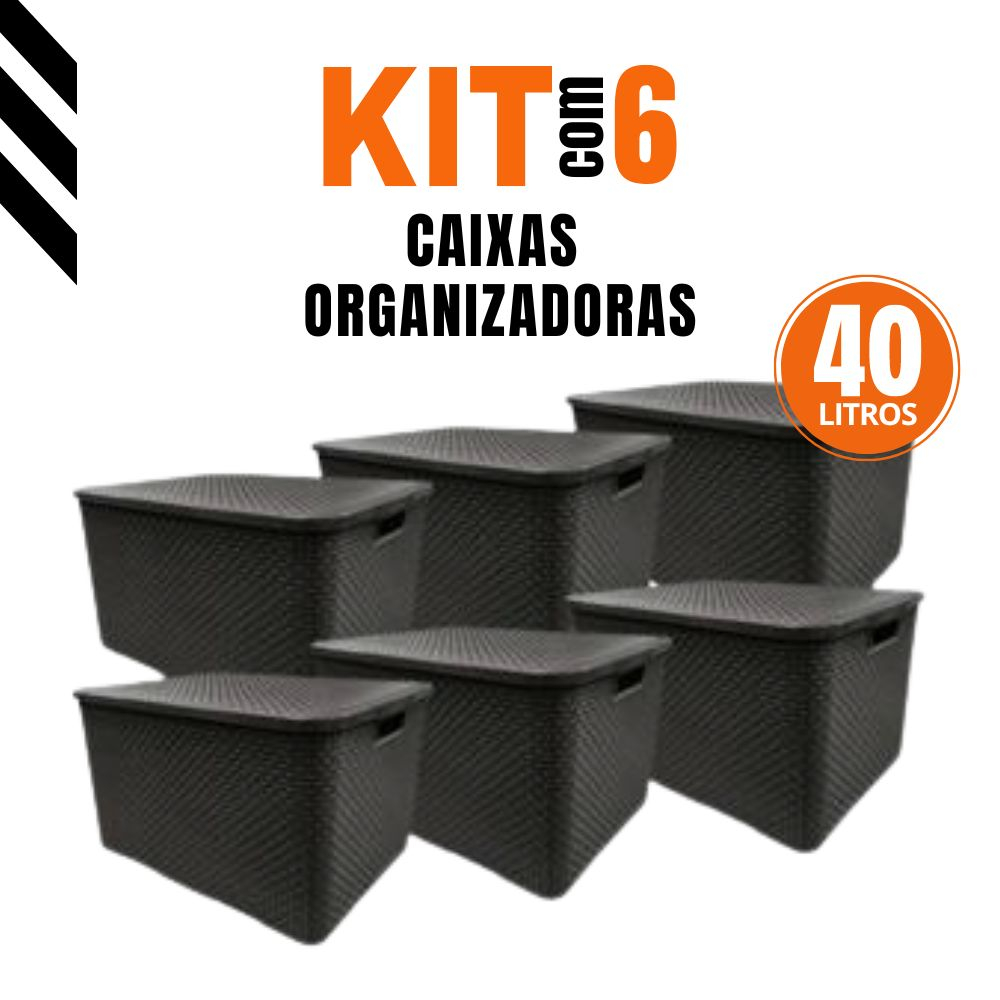 Kit 6 Caixas/Cestos Organizador Rattan 40 Litros Preto Com Tampa
