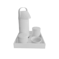 Kit Higiene Bebe Porcelana Branco Gelo Bandeja MDF Branca Tampas em Porcelana 5 Peças
